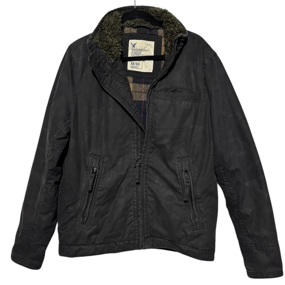 American Eagle Vintage Y2K Mens Coat Jacket Fur Collar‎ Plaid Blanket Lined Med - Picture 1 of 5
